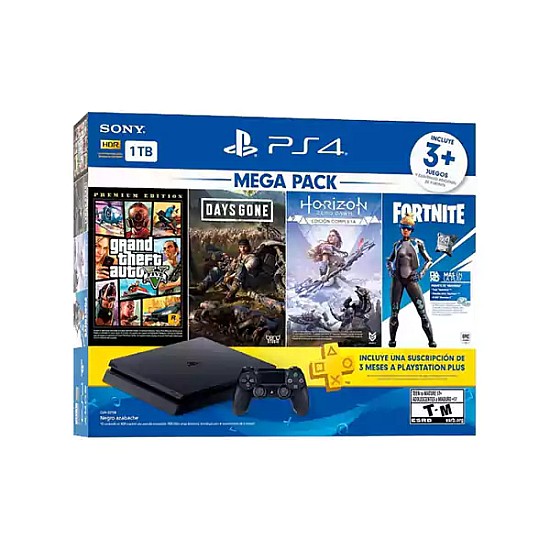 Sony PS4 Slim Jet Black 1TB Gaming Console with 1x Wireless Controller and 4 in1 Game Bundle (GTA V, Days Gone, Horizon Zero Dawn, Fortnite)