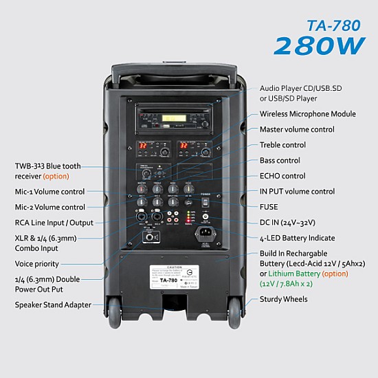 TEV TA-780 10 inch 280W Portable PA System (Handheld, Lavaliere, Headset)